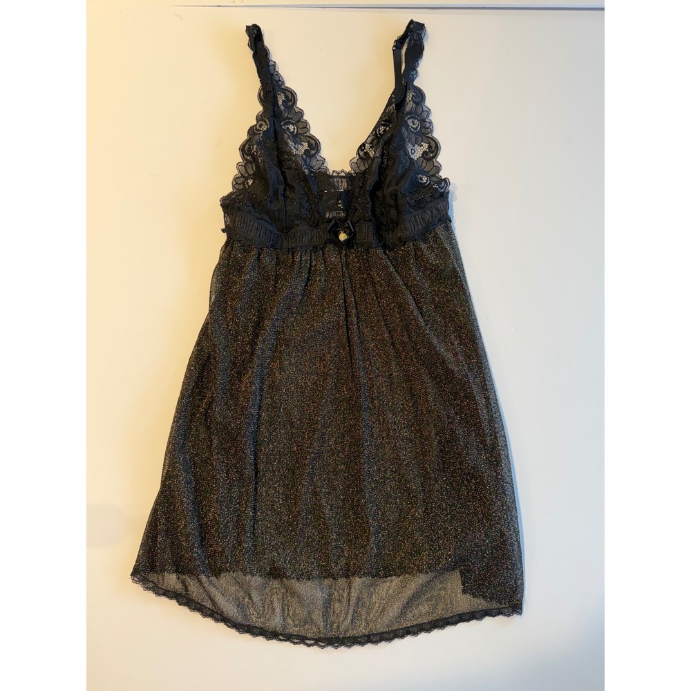 Seductivewear by Cinema‎ Etoile Black Gold Metallic Mesh Lace Babydoll Chemise M
